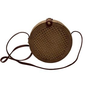 Woven Rattan Round Crossbody Bag Brown Straw Wicker Circle Purse Made in Vietnam